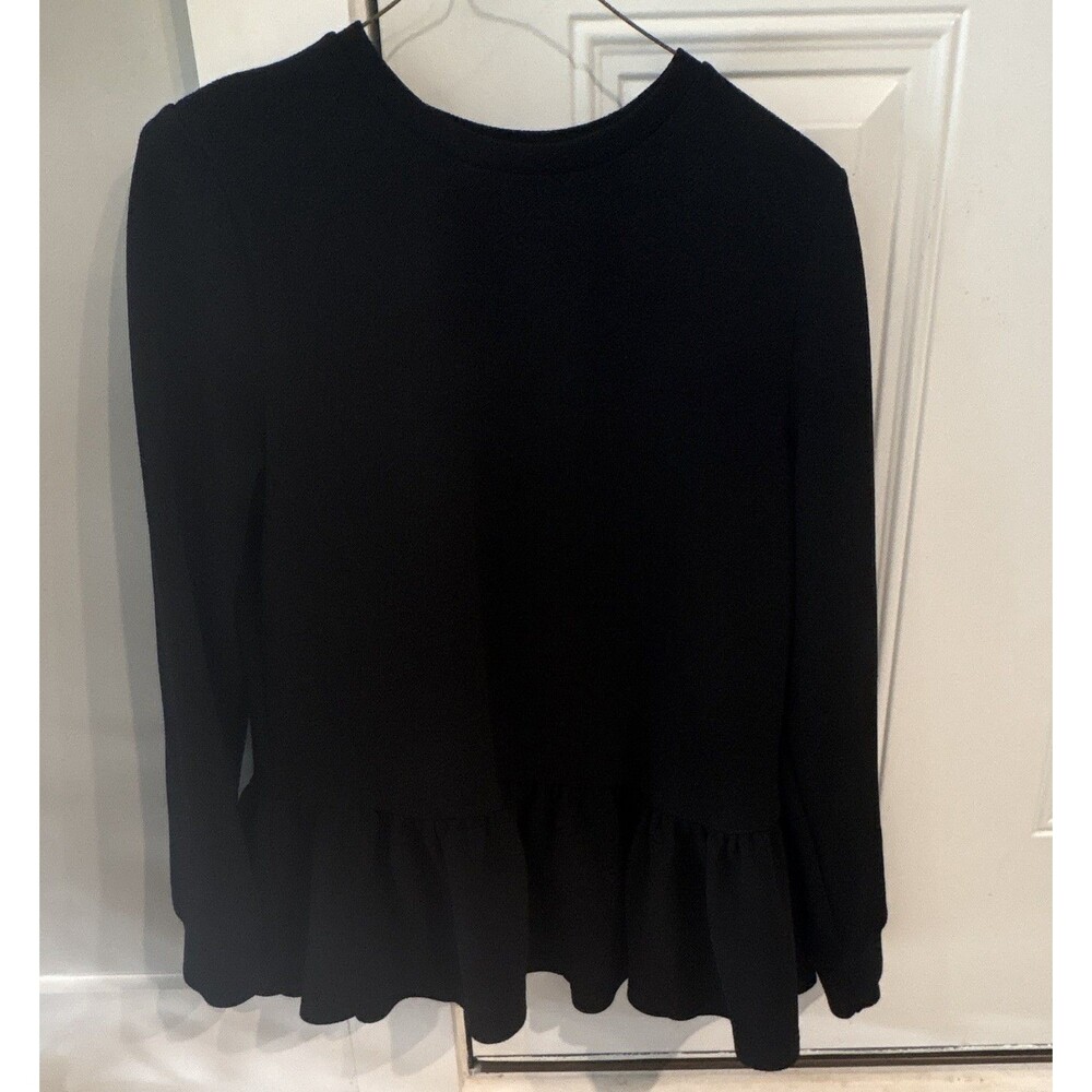 SheIn Black Solid Ruffle Hem Peplum Blouse Women's M Round Neck Long Sleeve